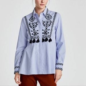 Zara Woman Stripe Embroidered Tassel Detail Peplum Button Down Blue Size Medium